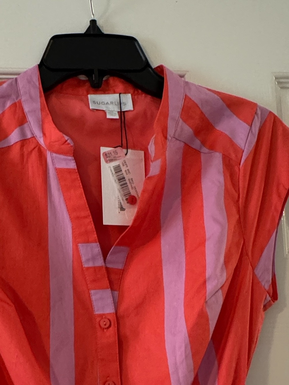 Sugarlips Coral Red & Light Pink Striped Button Tie-Waist Dress - Picture 2 of 4